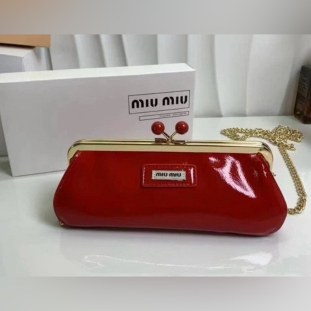 Miu Miu Red Patent Leather Kiss-Lock Clutch with Gold Chain